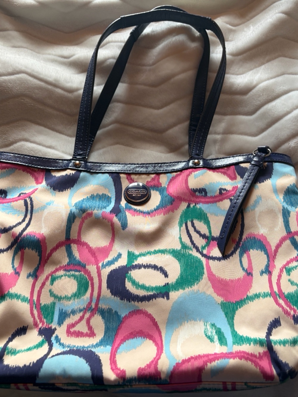 Coach Multicolor Circle-Print Shoulder Tote with Navy Trim